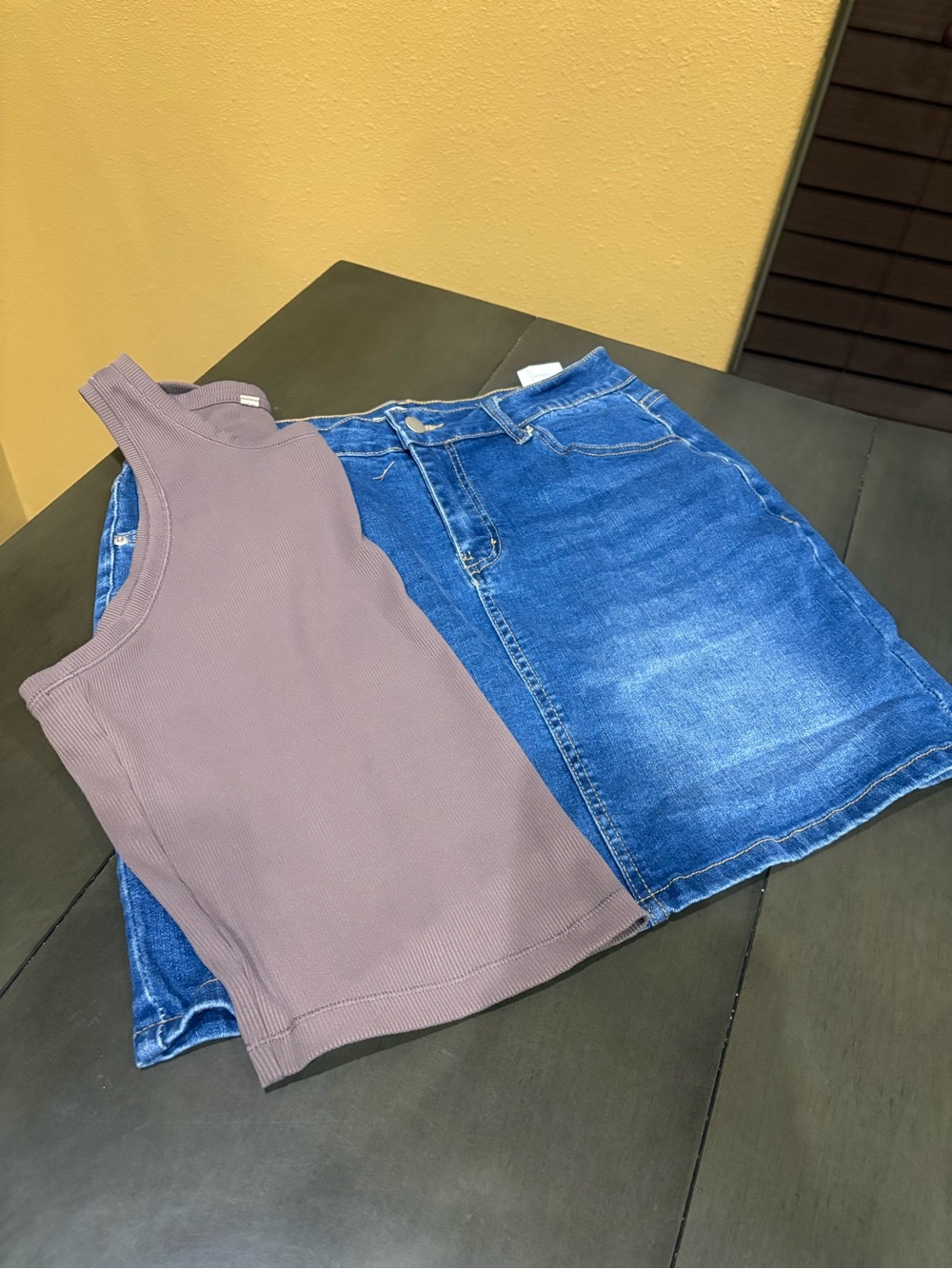 Size L Bundle - Brown Ribbed Tank & Blue Denim Skirt Outfit